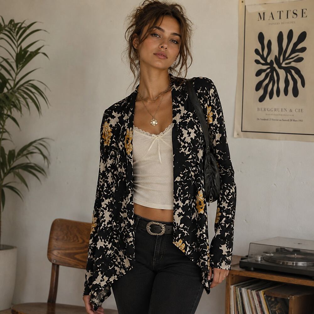 Cache Dark Floral Open Cardigan Sz L Y2K Boho Preppy Artsy Floral Asymmetrical